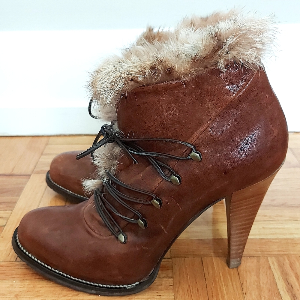 Mimosa Women Boot Size EU 38 Brown Leather Lace-Up Platform Academia Wood Chunky - Picture 3 of 12